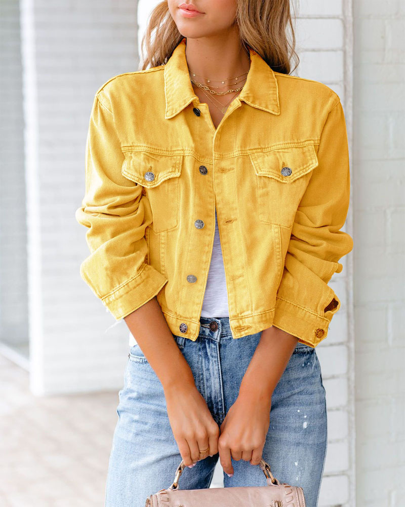 

Long Sleeve Flap Detail Button Front Denim Jacket, Yellow