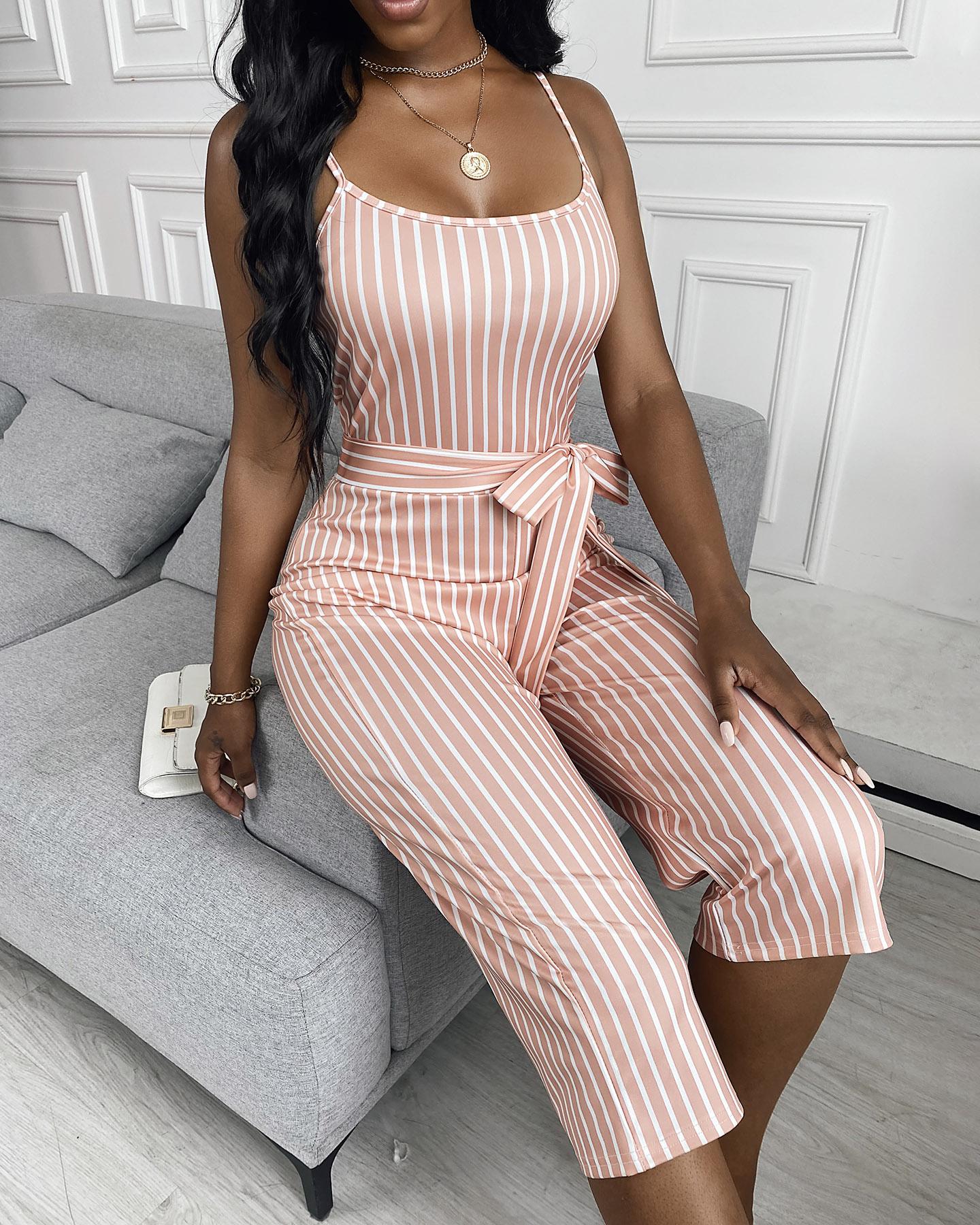 

Striped Print Cropped Jumpsuit With Belt, Pink