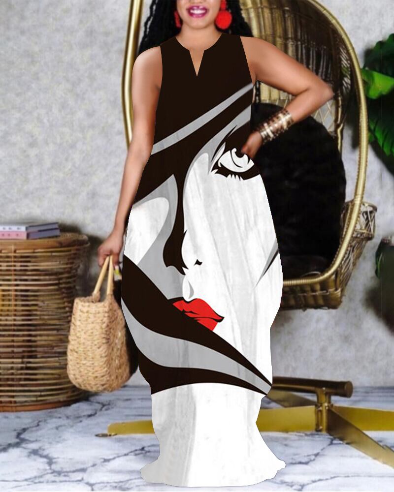 

Plus Size Abstract Figure Print Sleeveless Maxi Dress, White