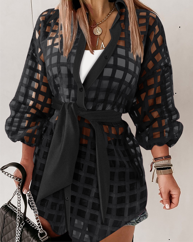 

Plaid Turn-down Collar Sheer Mesh Long Sleeve Tied Detail Shirt Dress Mini Dress with Belt, Black