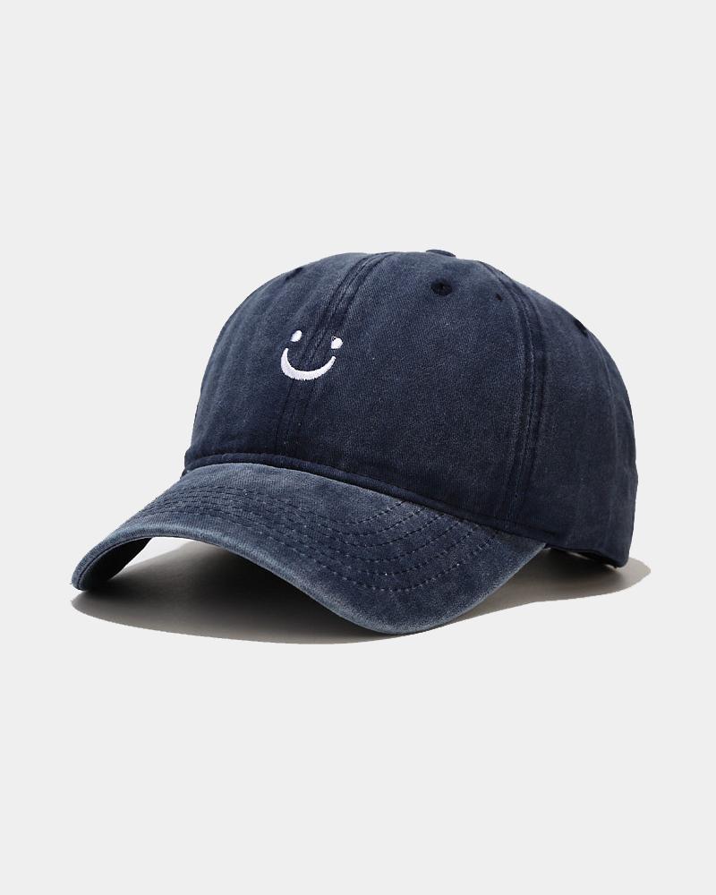 

Smiley Embroidery Washing Baseball Cap, Purplish blue