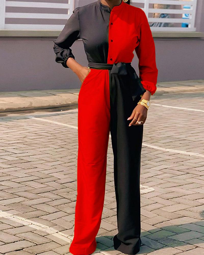 

Colorblock Pocket Design Wide Leg Jumpsuit, Red