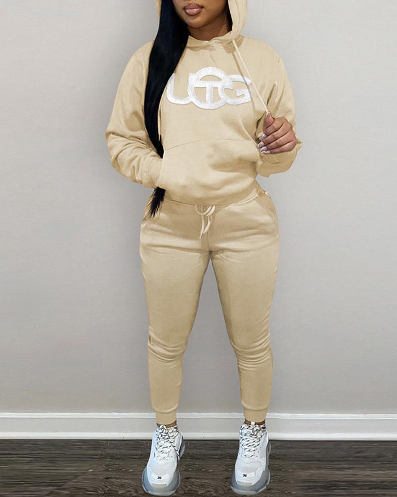 

Letter Print Hooded Sweatshirt & Drawstring Pants Set, Apricot
