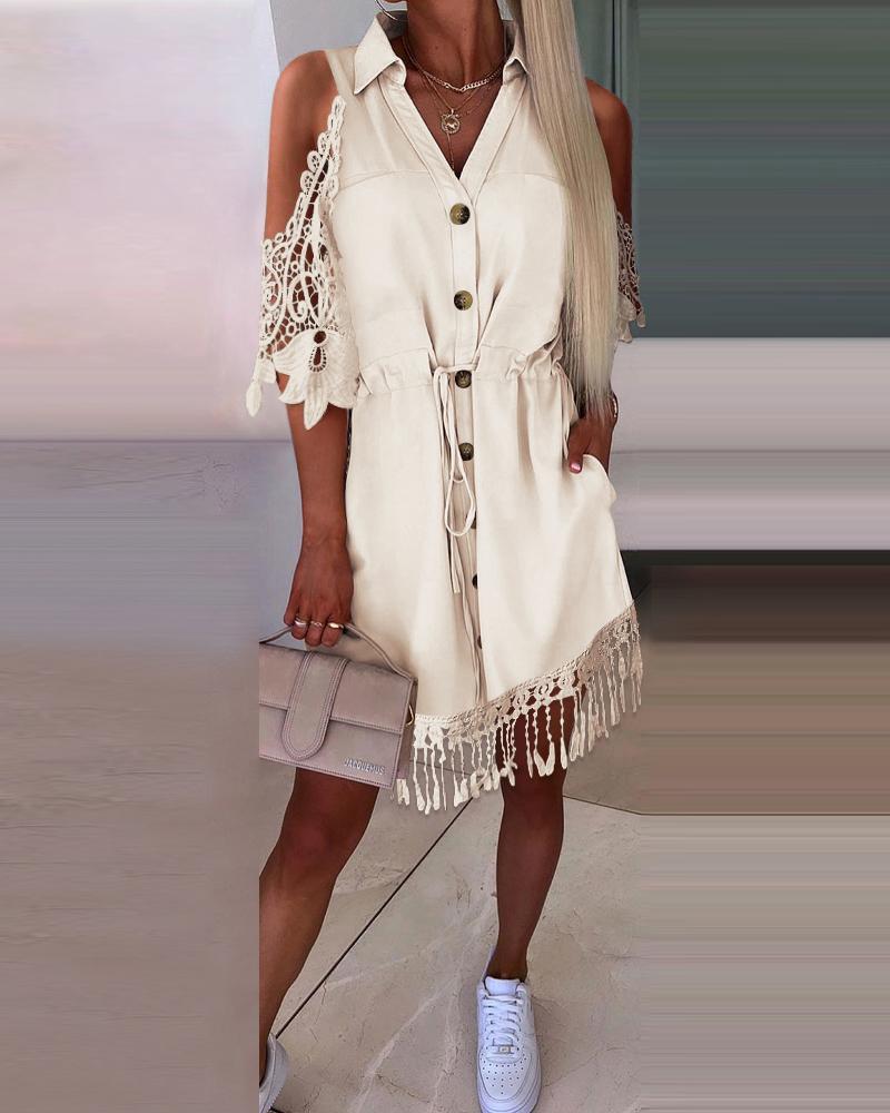 

Cold Shoulder Lace Patch Tassel Design Casual Dress, Khaki