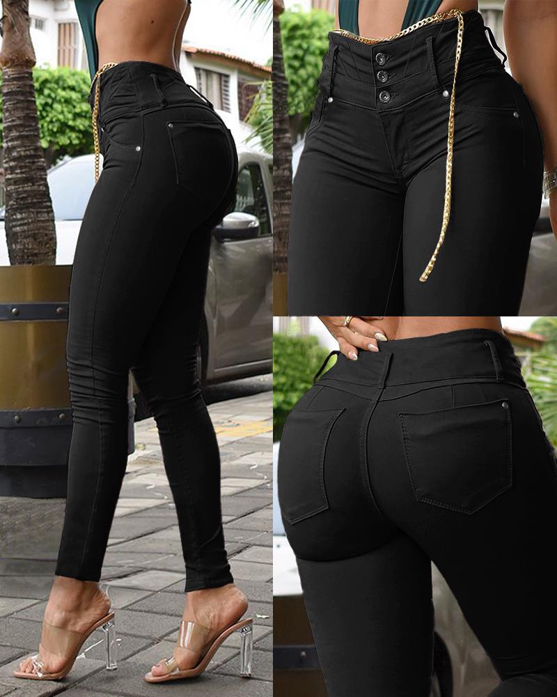 

High Waist Pocket Design Skinny Pants, Black