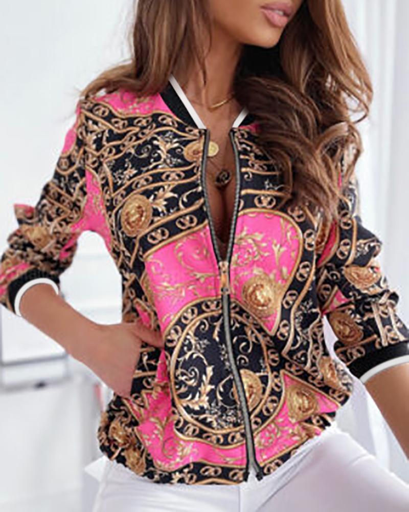 

Long Sleeve Baroque Print Zipper Design Jacket, Multicolor