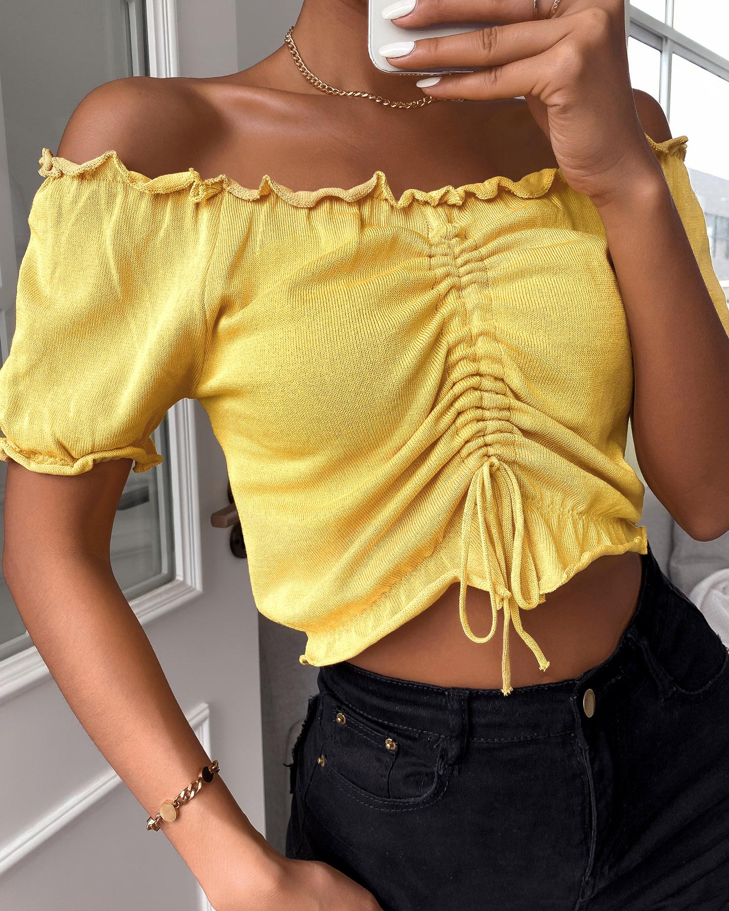 

Off Shoulder Frill Hem Drawstring Crop Top, Yellow