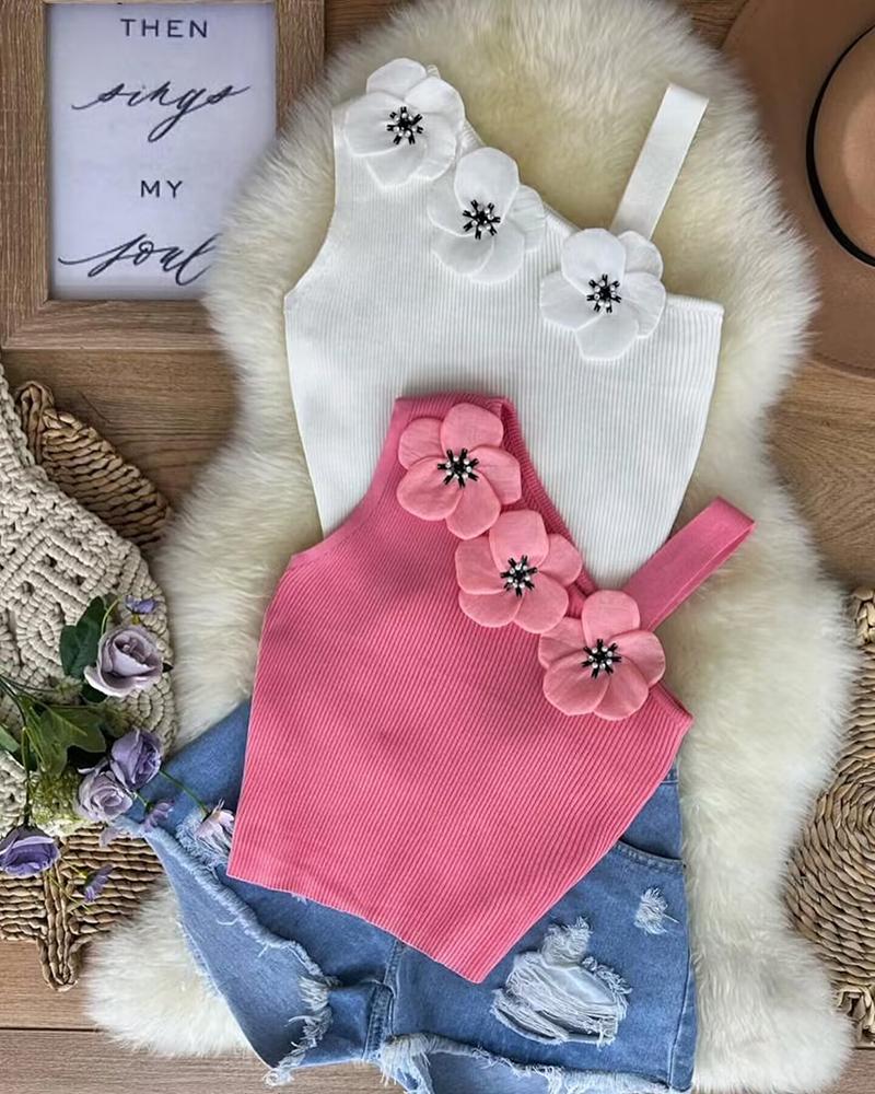 

Regata de malha com estampa floral e gola inclinada, White