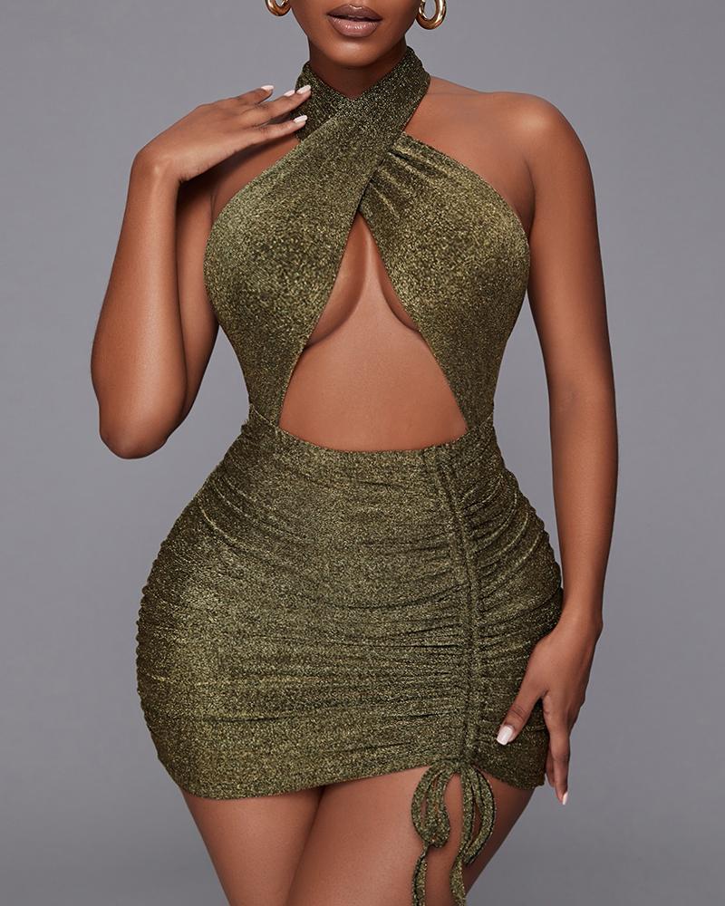 

Halter Backless Cutout Glitter Party Dress, Army green