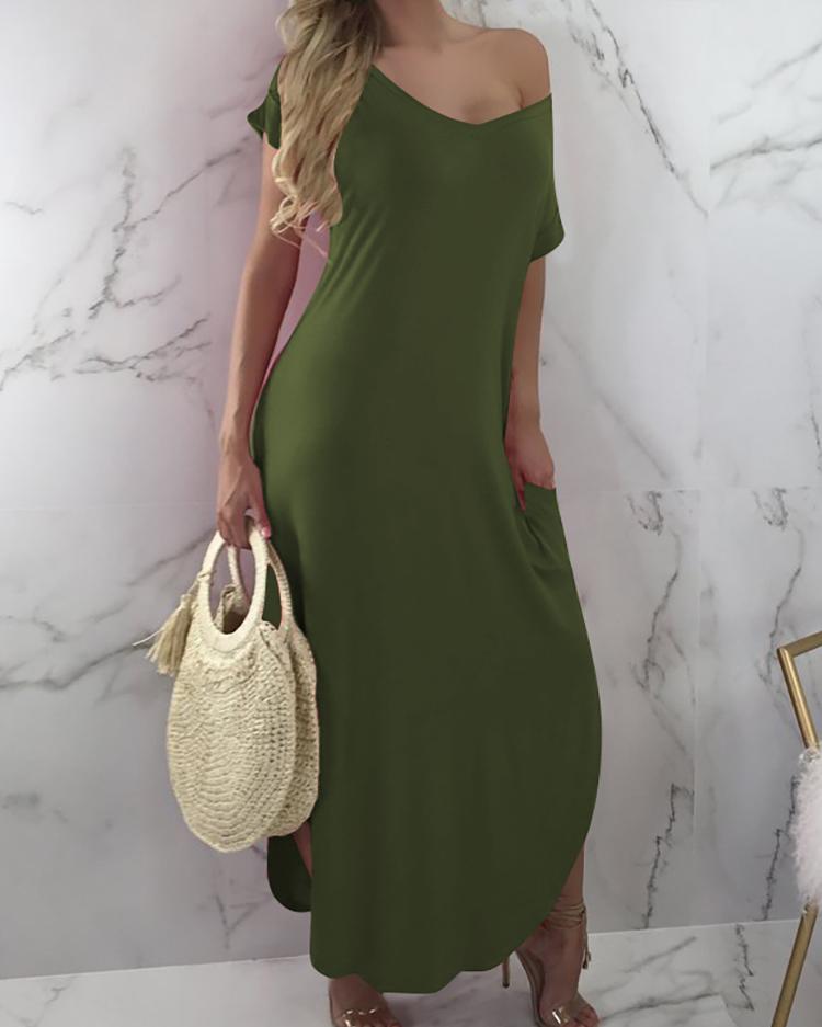 

Solid Split Side Maxi Casual Dress, Army green