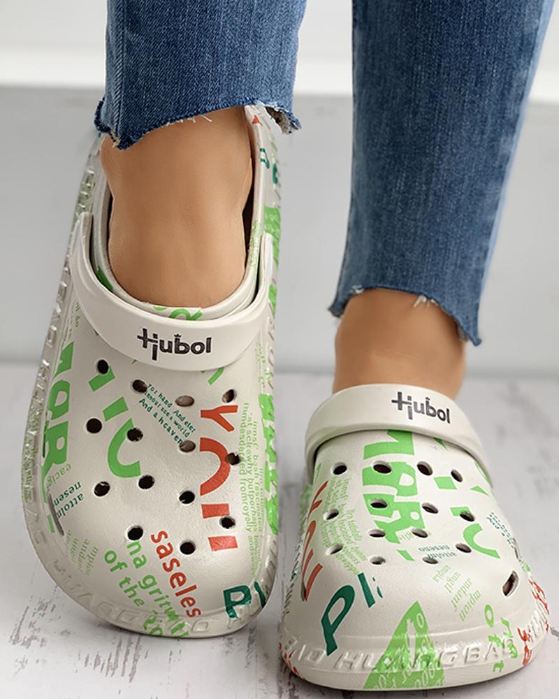 

Letter Print Hollow Out Flat Sandals, Green
