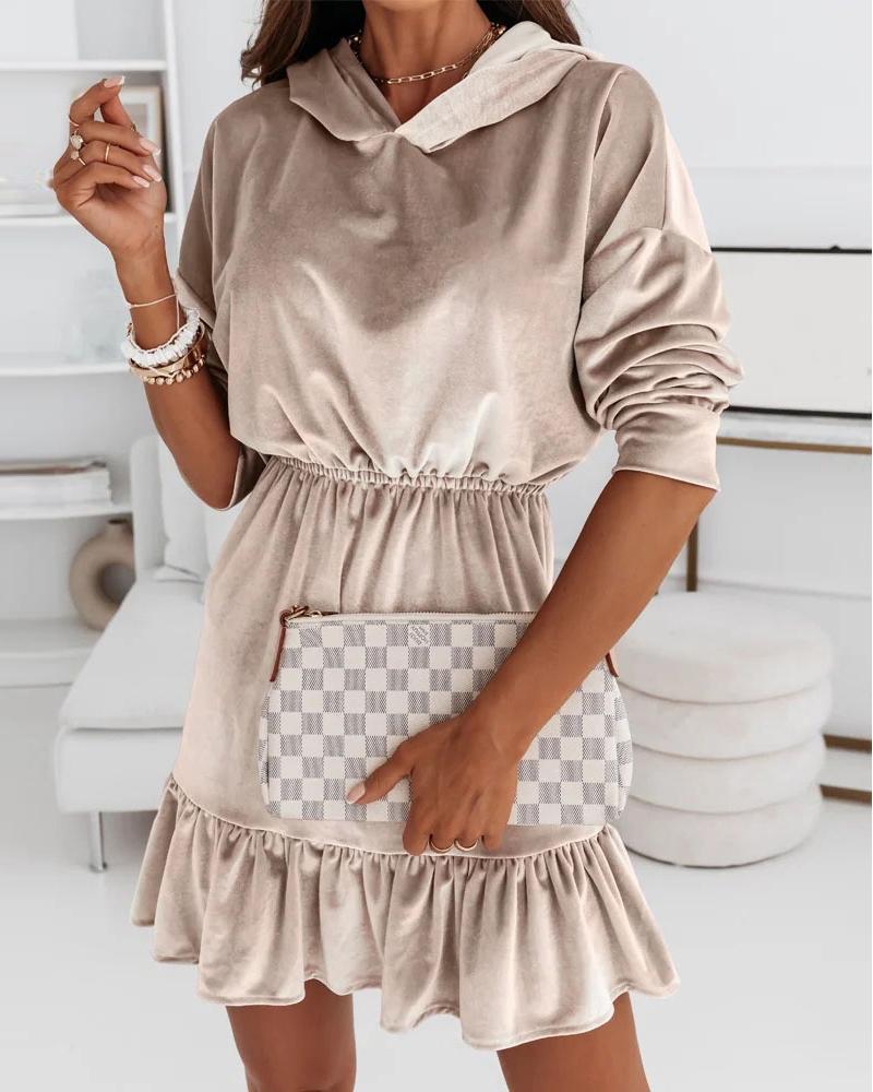 

Velvet Hooded Drop Shoulder Ruffle Hem Casual Dress, Khaki