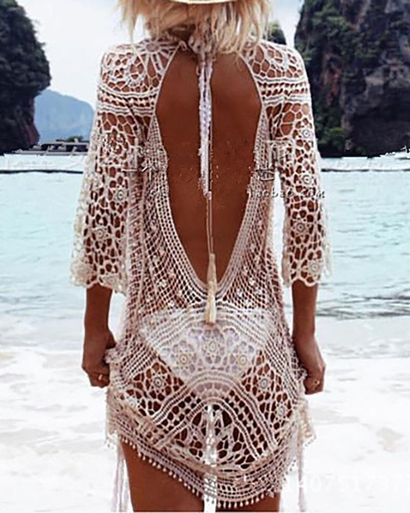 

Hollow Out Backless Tassel Design Swimsuit Bikini Beach Swimwear Cover up, White