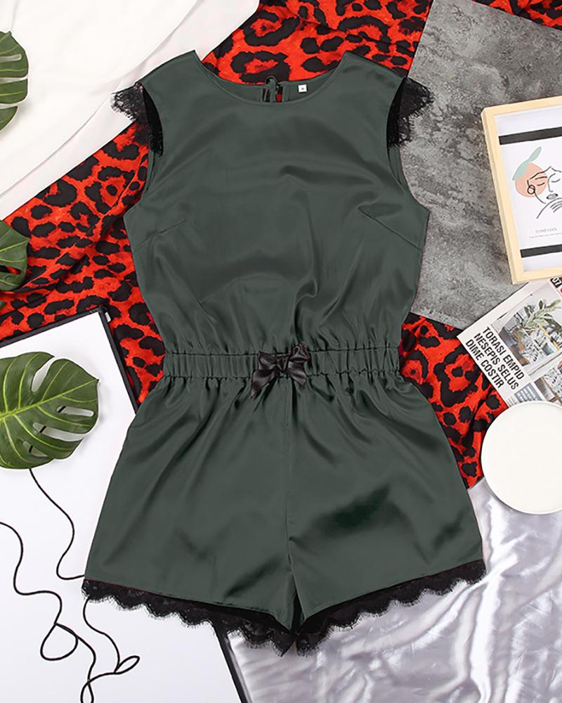 

Eyelash Lace Backless Onesie Satin Bownot Decor Sleepwear, Green