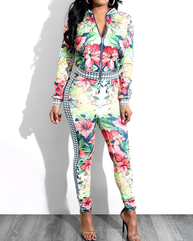 

Floral Print Zipper Up Pant Set, White