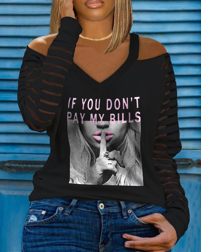 

If You Don't Pay My Bills Print Contrast Mesh Cold Shoulder Top, Black