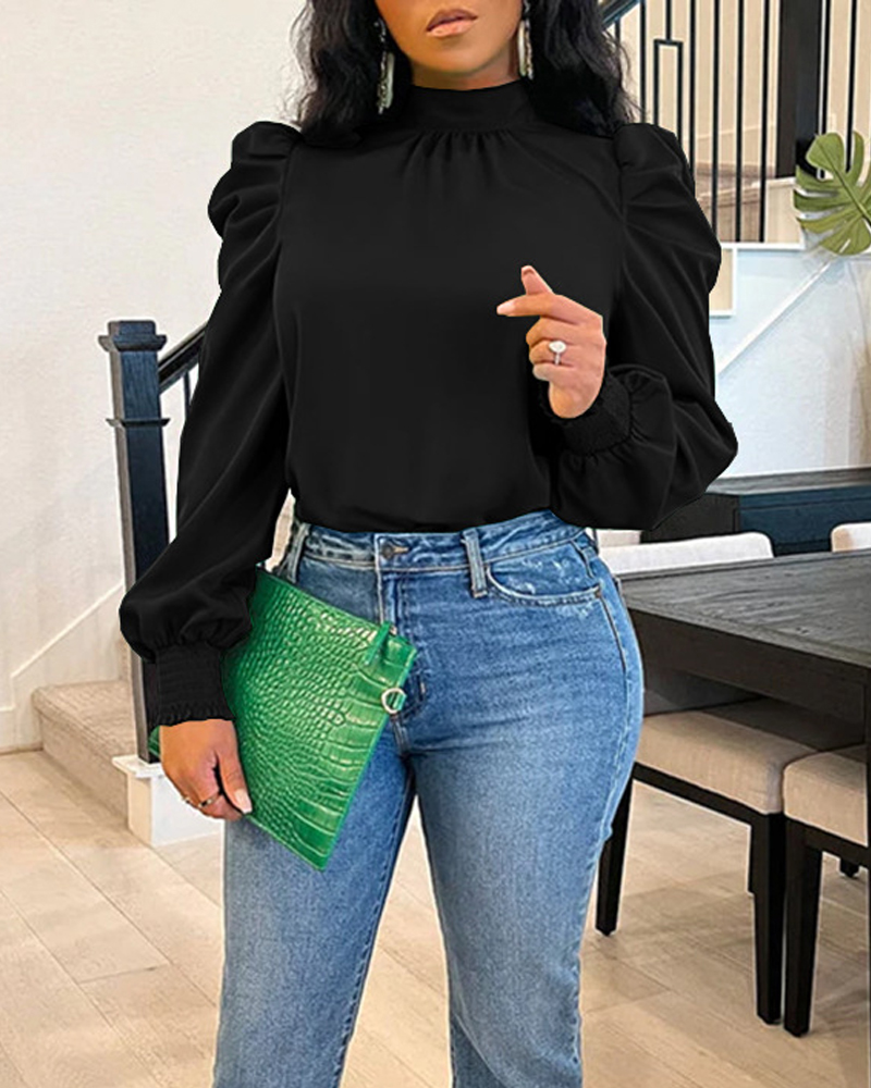 

Tie Back Shirred Puff Sleeve Top, Black