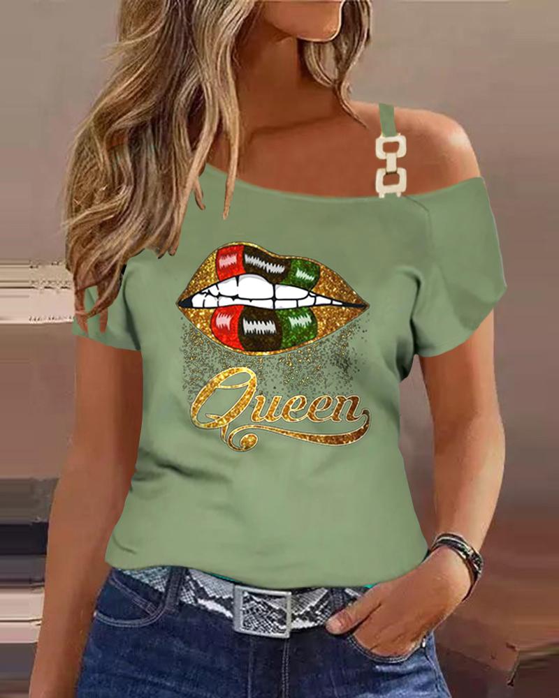 

Lip Queen Letter Print Cold Shoulder T-shirt, Army green