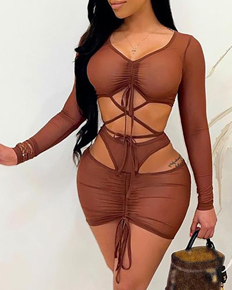 

Long Sleeve Cutout Drawstring Ruched Bodycon Dress, Brown