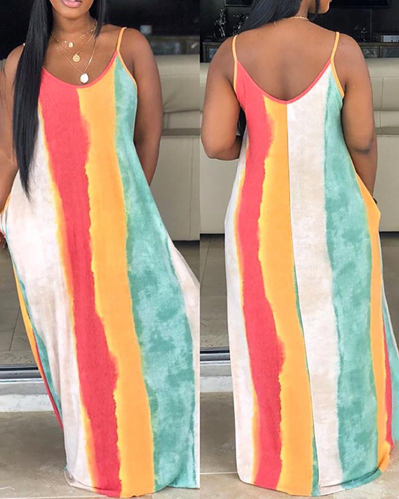 

Round Neck Striped Print Spaghetti Strap Dress, Orange