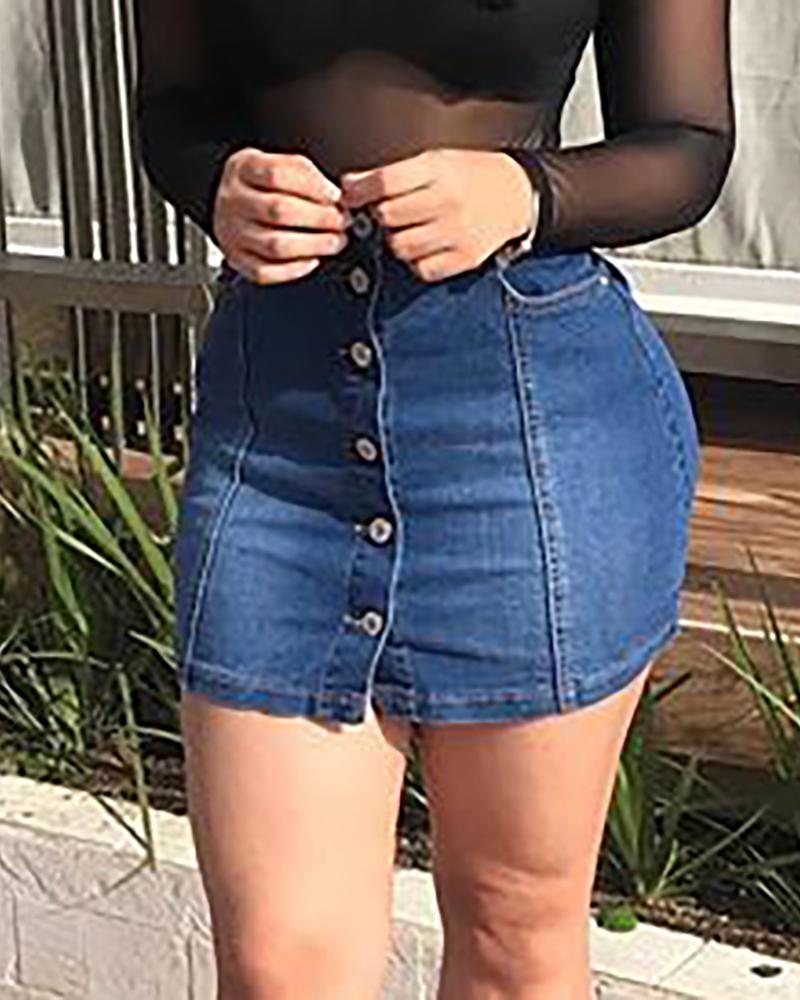 

Button Design High Waist Denim Skirt, Blue