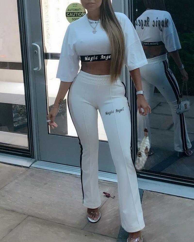 

Letter Print Crop Top & Pants Set, White