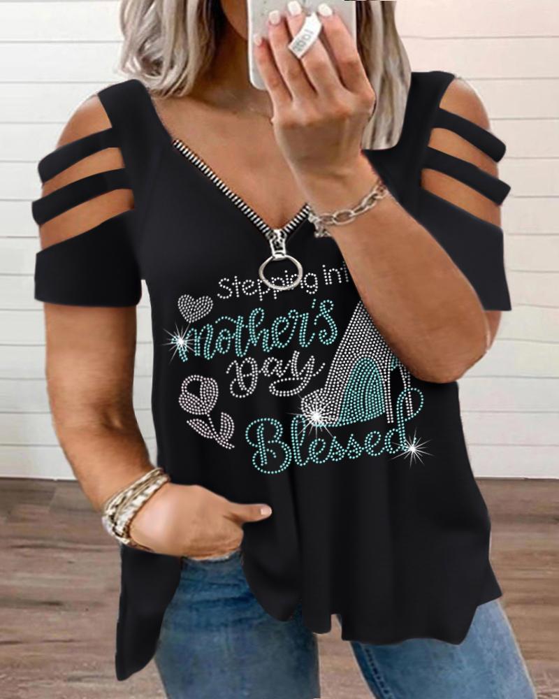 

Plus Size Mother's Day Rhinestone Mom Graphic Pattern Casual T-Shirt, Black