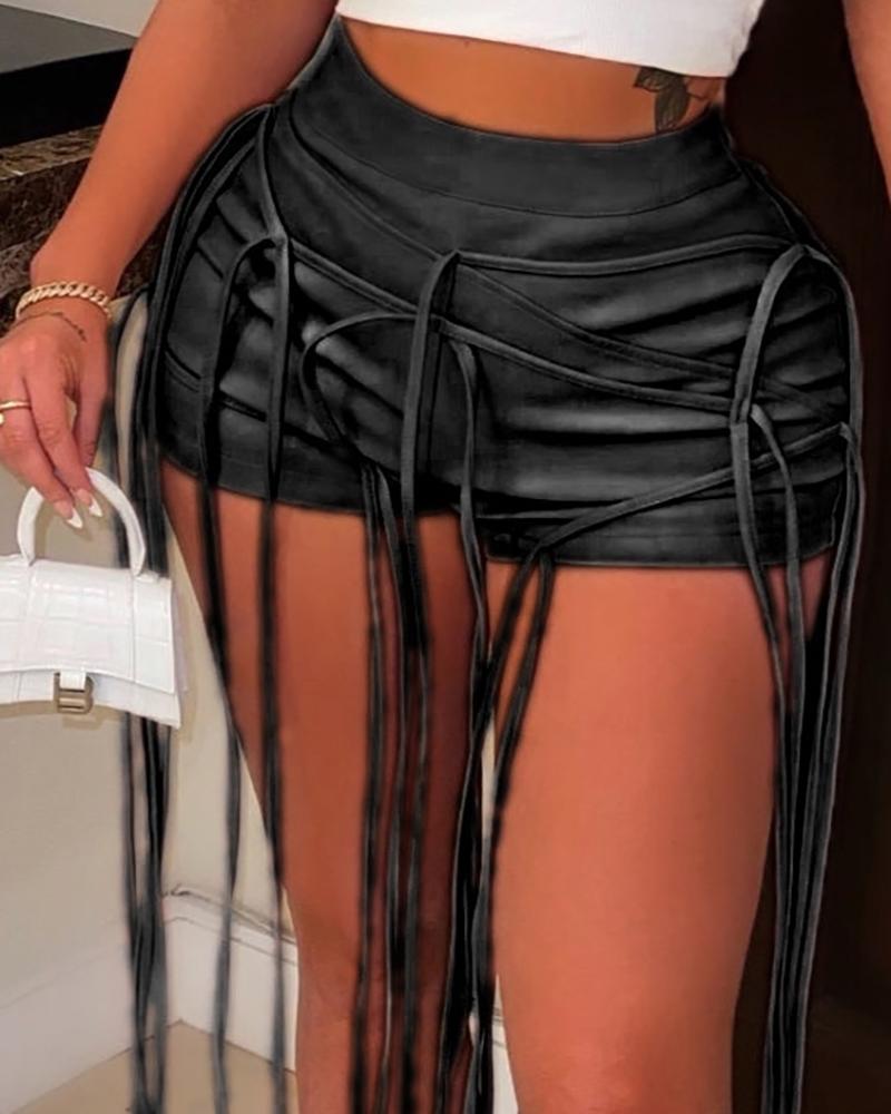 

PU Leather Tassel Decor Shorts, Black