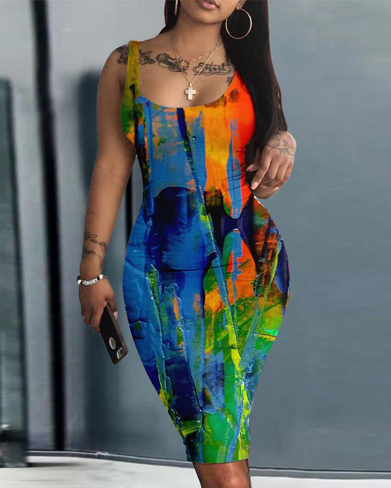 

Plus Size Abstract Print Sleeveless Bodycon Dress, Blue