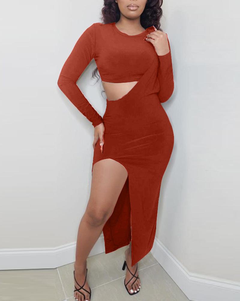 

Long Sleeve Crop Top & Split Thigh Skirt Set, Orange