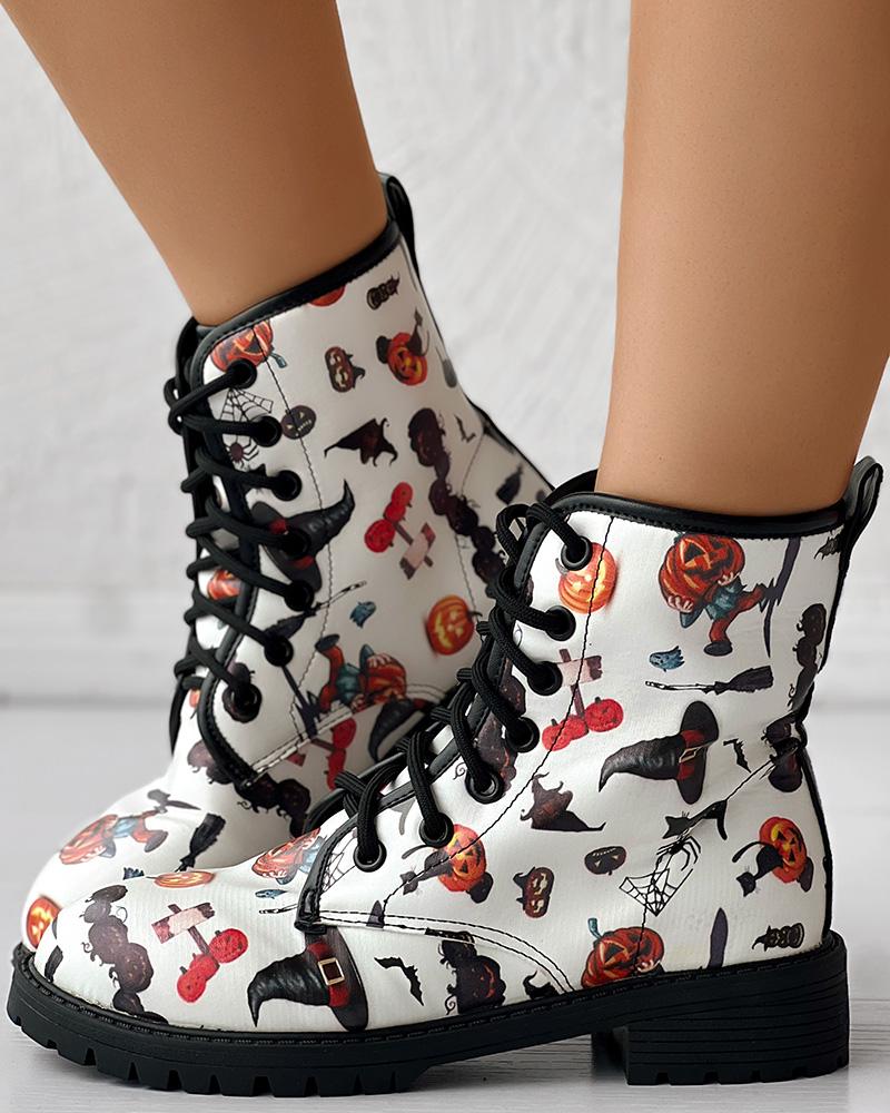 Halloween Cartoon Pumpkin Print Lace-up Ankle Boots