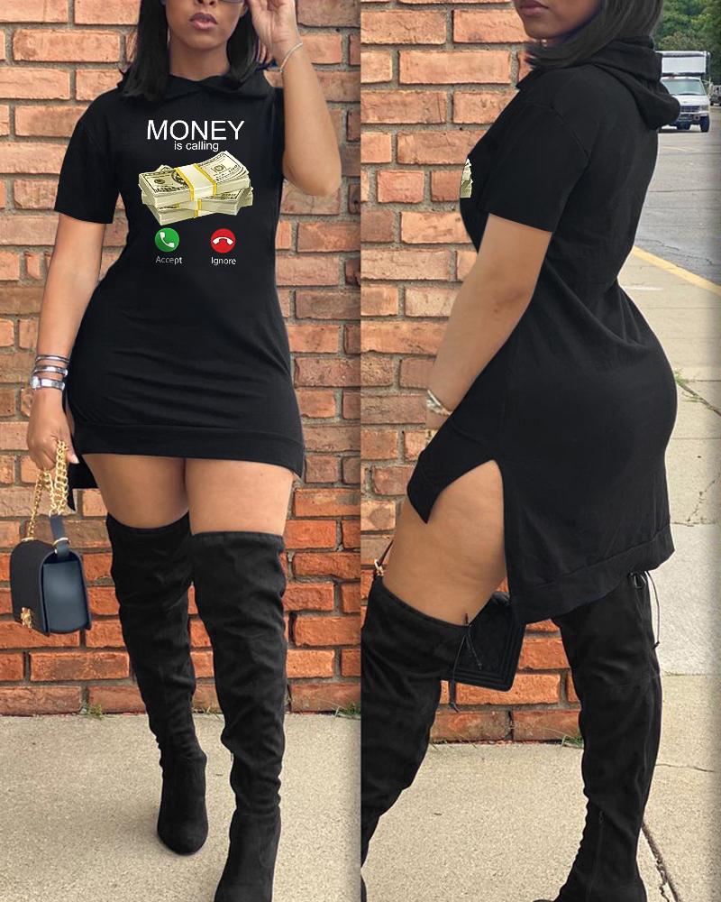 

Money Is Calling Print Split Hem Hooded Casual Dress, Black