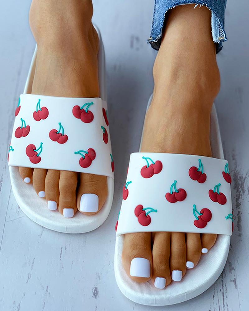 

Cherry Print Open Toe Flat Sandals, White