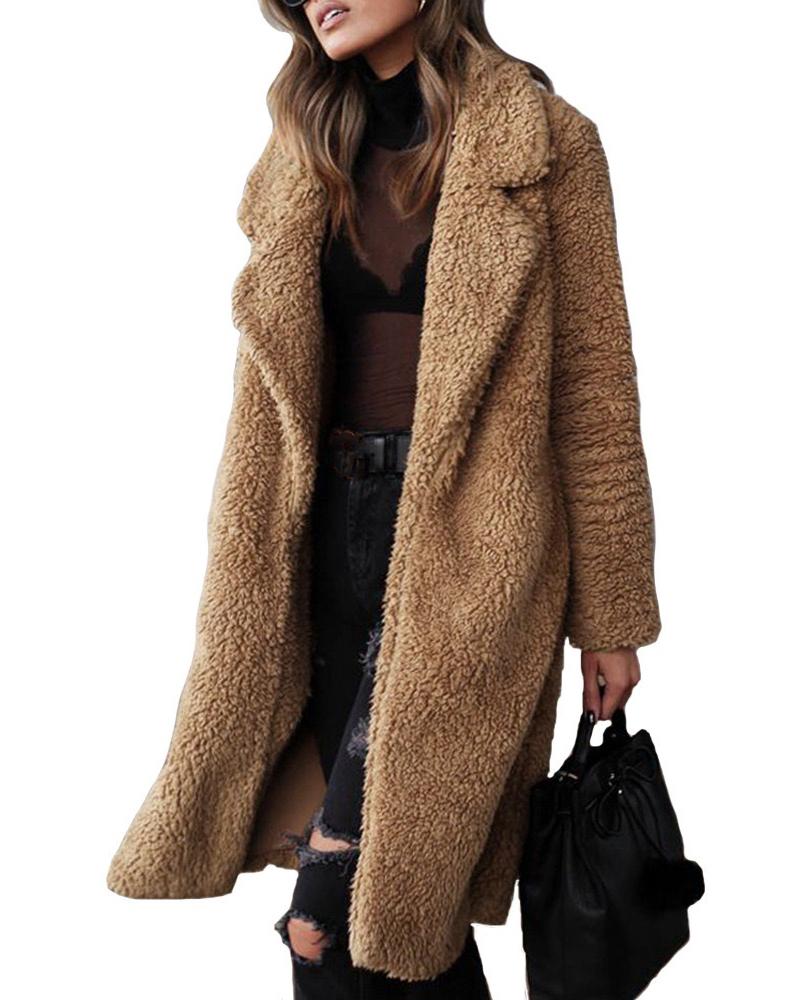 

Long Sleeve Longline Casual Teddy Coat, Khaki