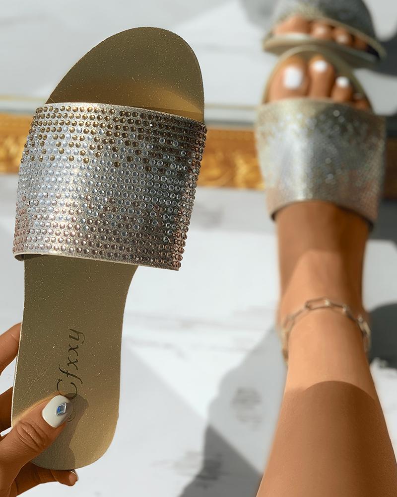 

Rhinestone Decor Round Toe Slippers, Gold