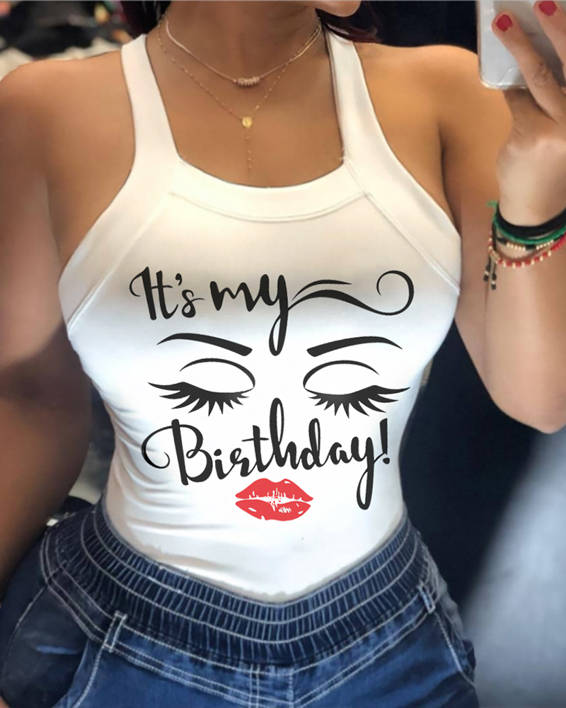 Kaufen Lip Letter Figure Print Backless Casual Top. Bild