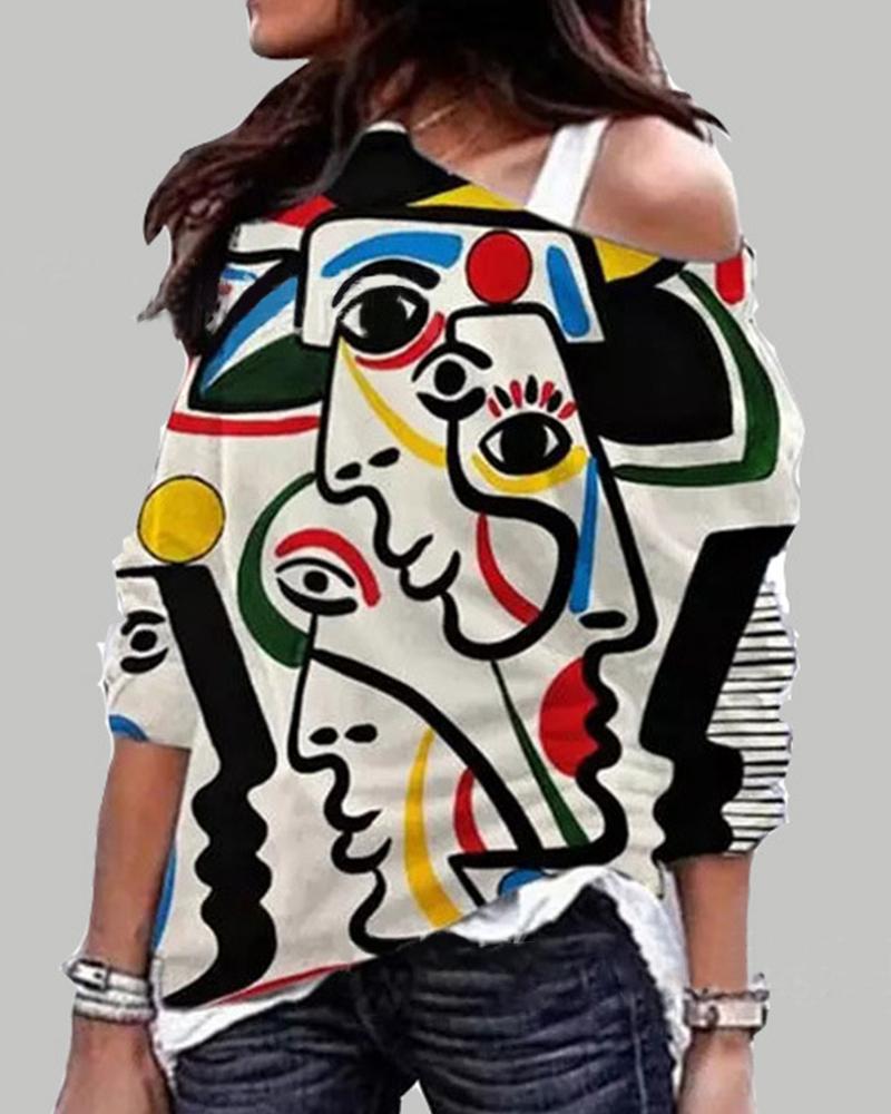 

Abstract Figure Print Long Sleeve Cold Shoulder Blouse, Multicolor