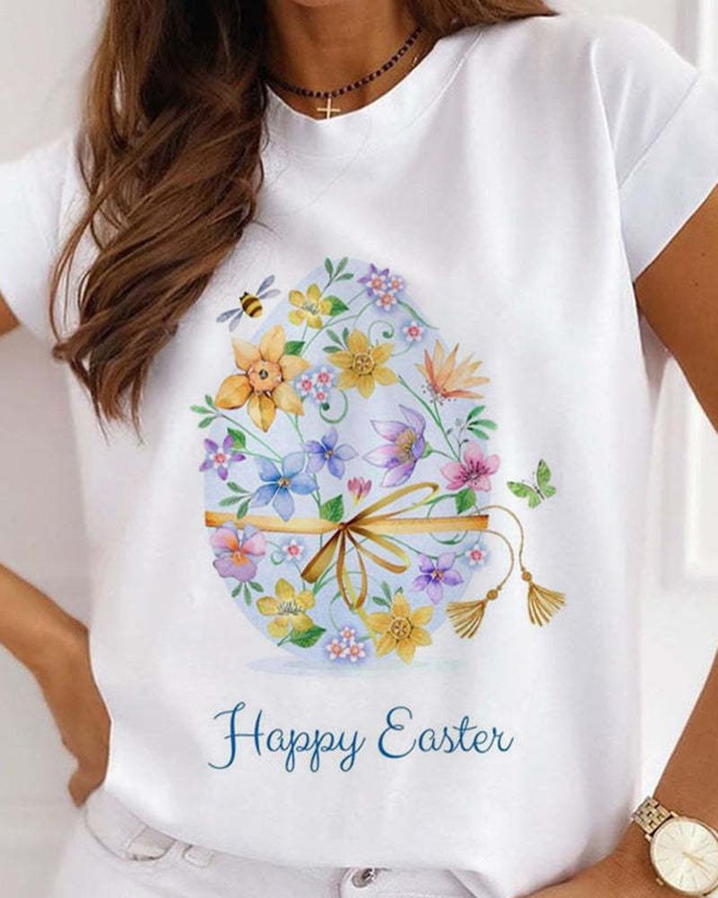 

Happy Easter Floral Egg Letter Print Casual T-shirt, White