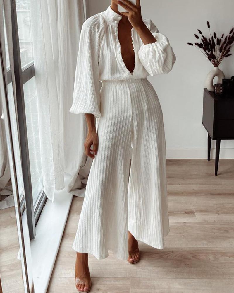 

Button Design Lantern Sleeve Top & Wide Leg Pants Set, White