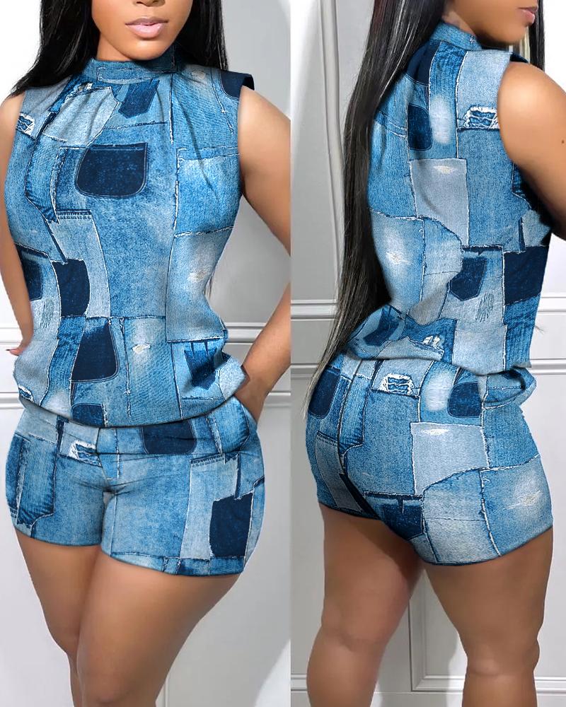 

Denim Look Print Casual Tank Top & Shorts Set, Blue