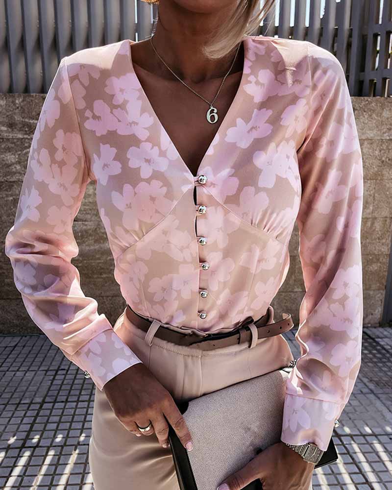 

Long Sleeve Floral Print Button Design Top, Pink