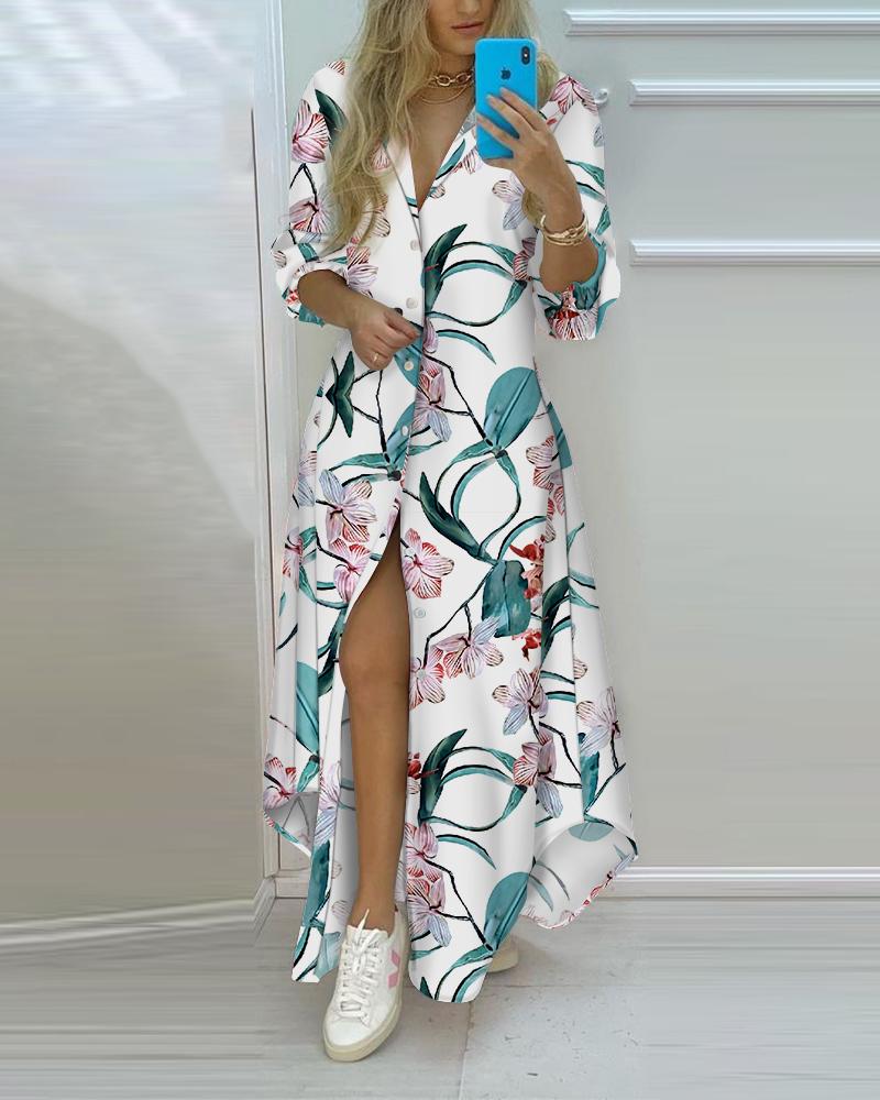 

Floral Print Button Front High Slit Long Shirt Dress, Multicolor
