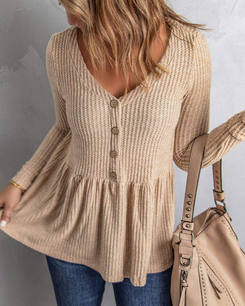 

Long Sleeve Button Front Waffle Knit Peplum Top, Khaki