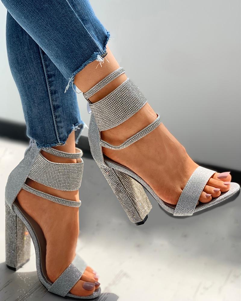 

Rhinestone Open Toe Ankle Strap Chunky Heels, Silver