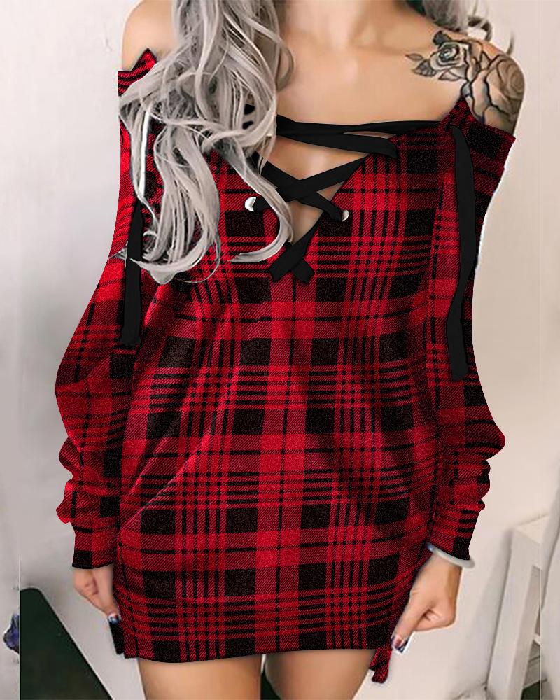 

Plaid Print Lace-up Long Sleeve Dress, Red