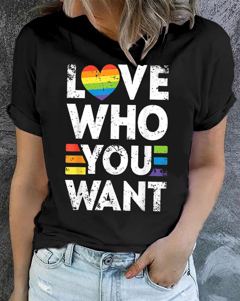 

Pride Month Love Who You Want Rainbow Stripe Print Casual T-shirt, Black