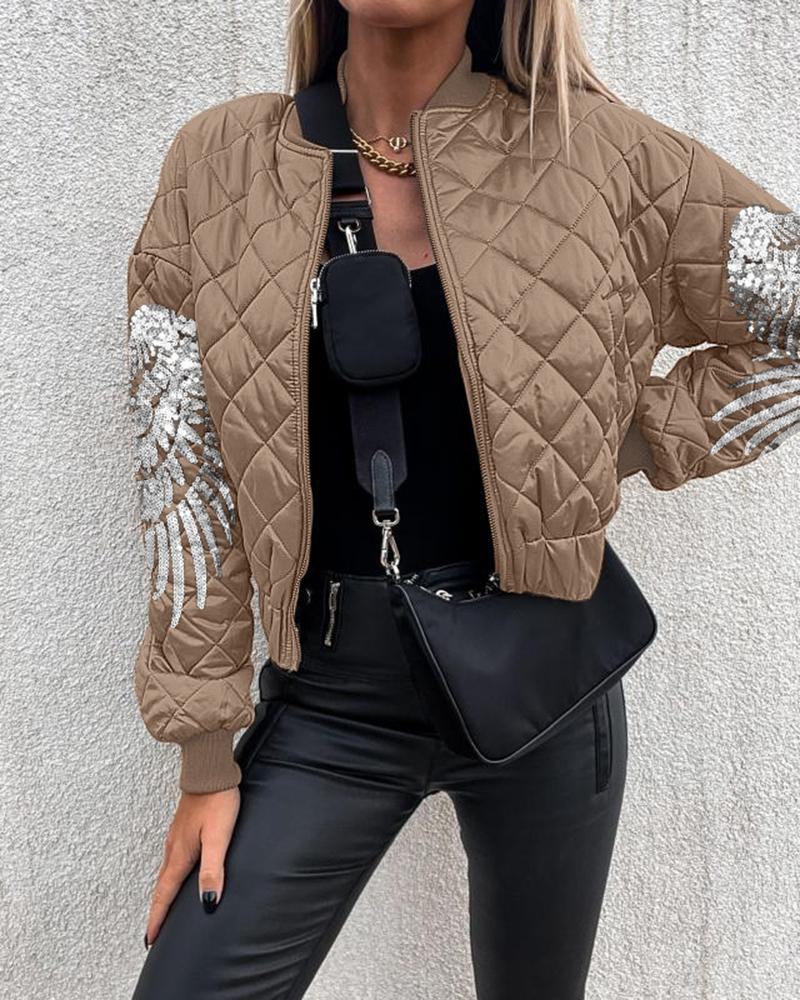 

Contrast Sequin Angel Wings Pattern Quilted Puffer Jacket, Dark khaki