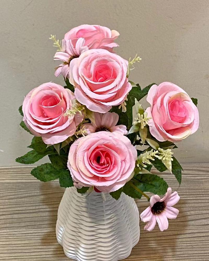 

Artificial Rose Daisy Flower Bouquet Silky Rose Bouquets with Daisy for Wedding Arrangements Table Centerpieces Garden Party Home Decor, Pink