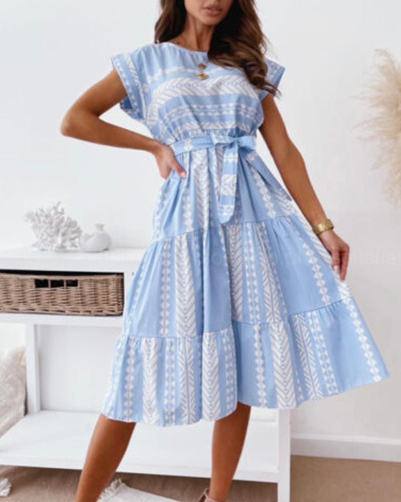 

All Over Print Ruffle Hem Tie Front Dress, Blue