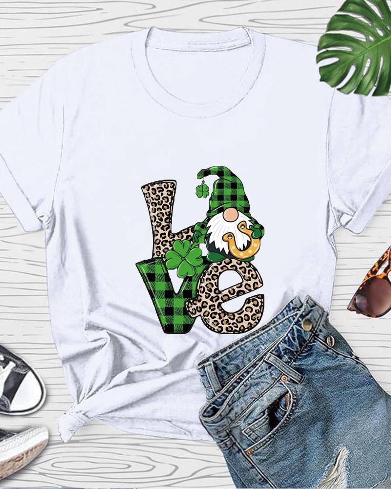 

St. Patrick' Day Letter Clover Gnome Print Casual T-shirt, White